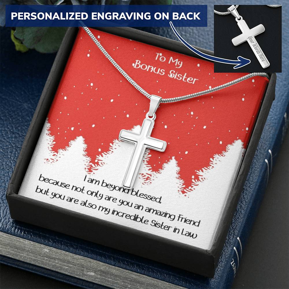 Bonus Sister Cross Necklace Christmas Gift Customize Engraved Cross Necklace