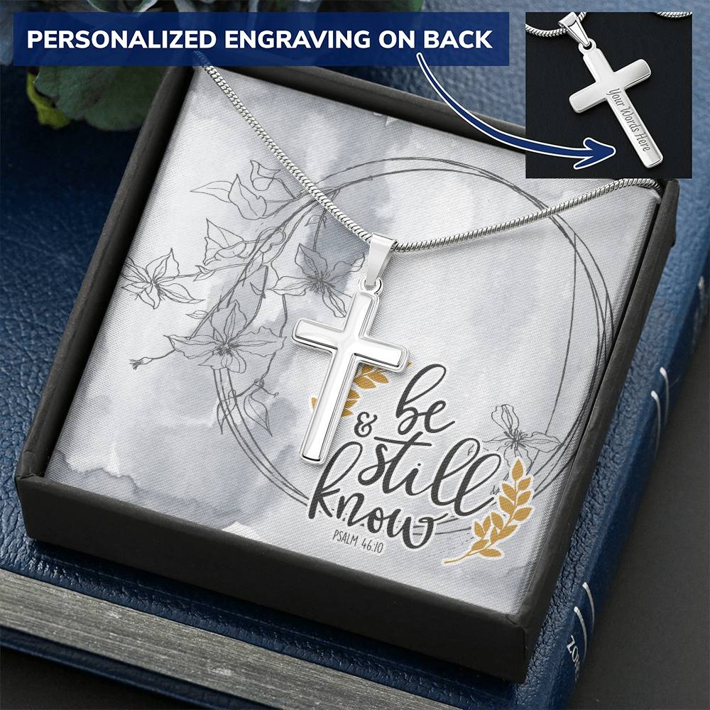 Dad To Son Gifts Cross Necklace Chain Bible Verse - Be Still & Know Customize Engraved Cross Necklace