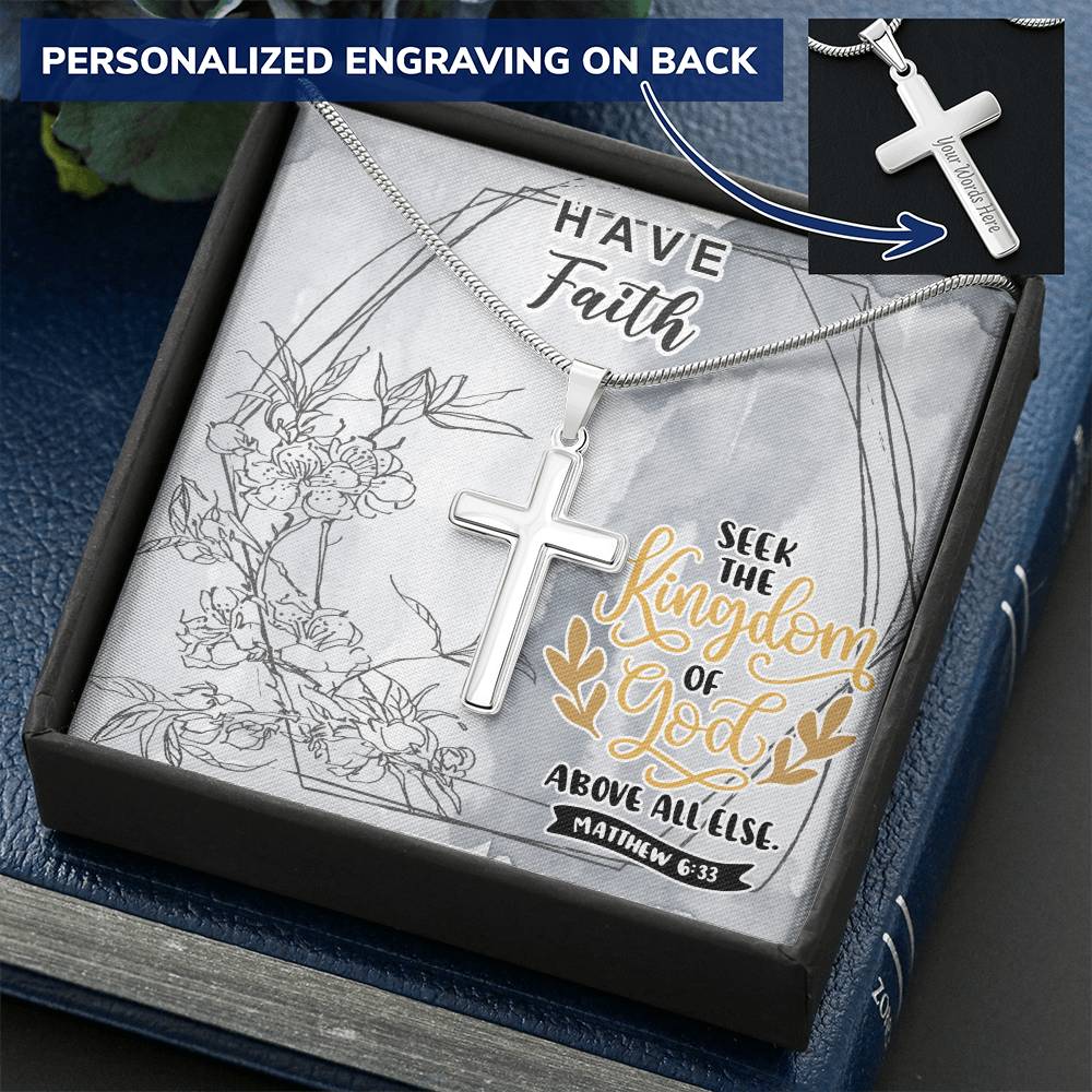 Dad To Son Gifts - Seek The Kingdom Of God Above All Else Customize Engraved Cross Necklace