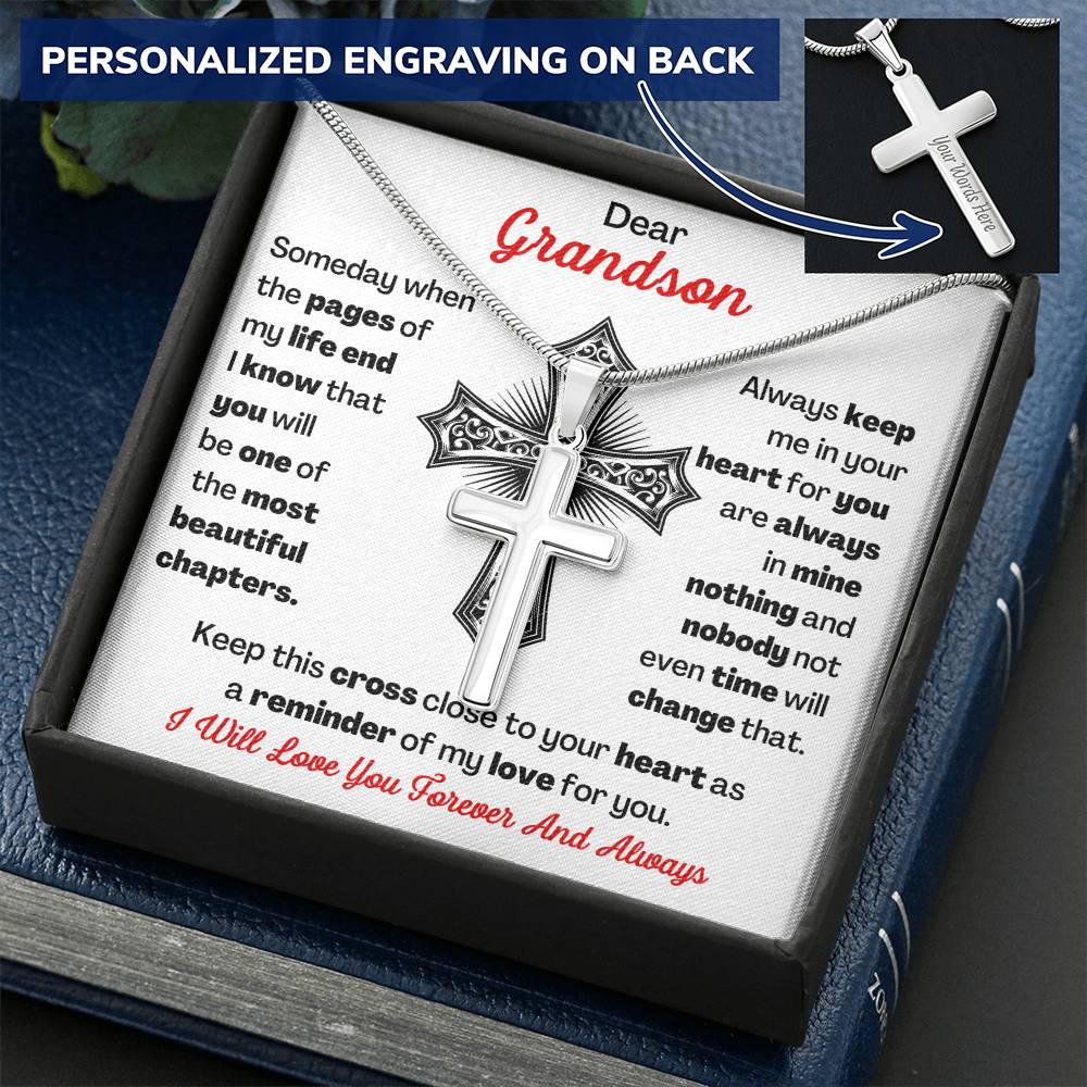 Dear Grandson Cross Necklace Customize Engraved Cross Necklace
