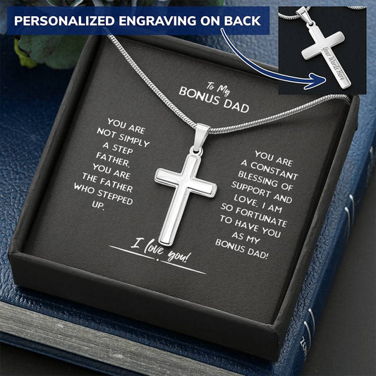 Bonus Dad Cross Necklace Gift For Stepdad Customize Engraved Cross Necklace