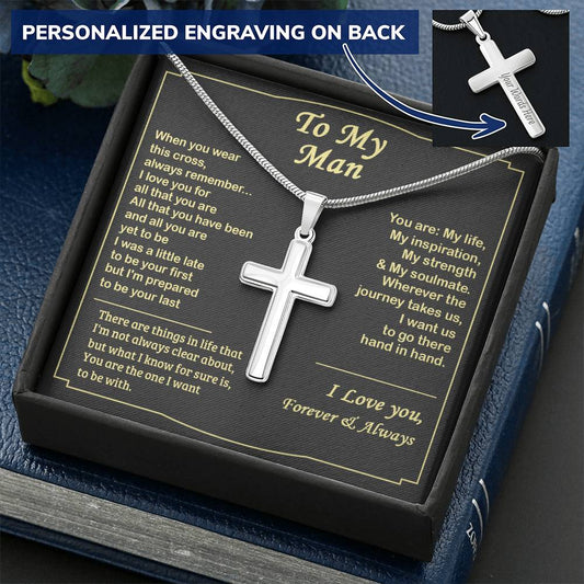 For Your Man - Want Us To Go There Hand In Hand - Cross Customize Engraved Cross Necklace