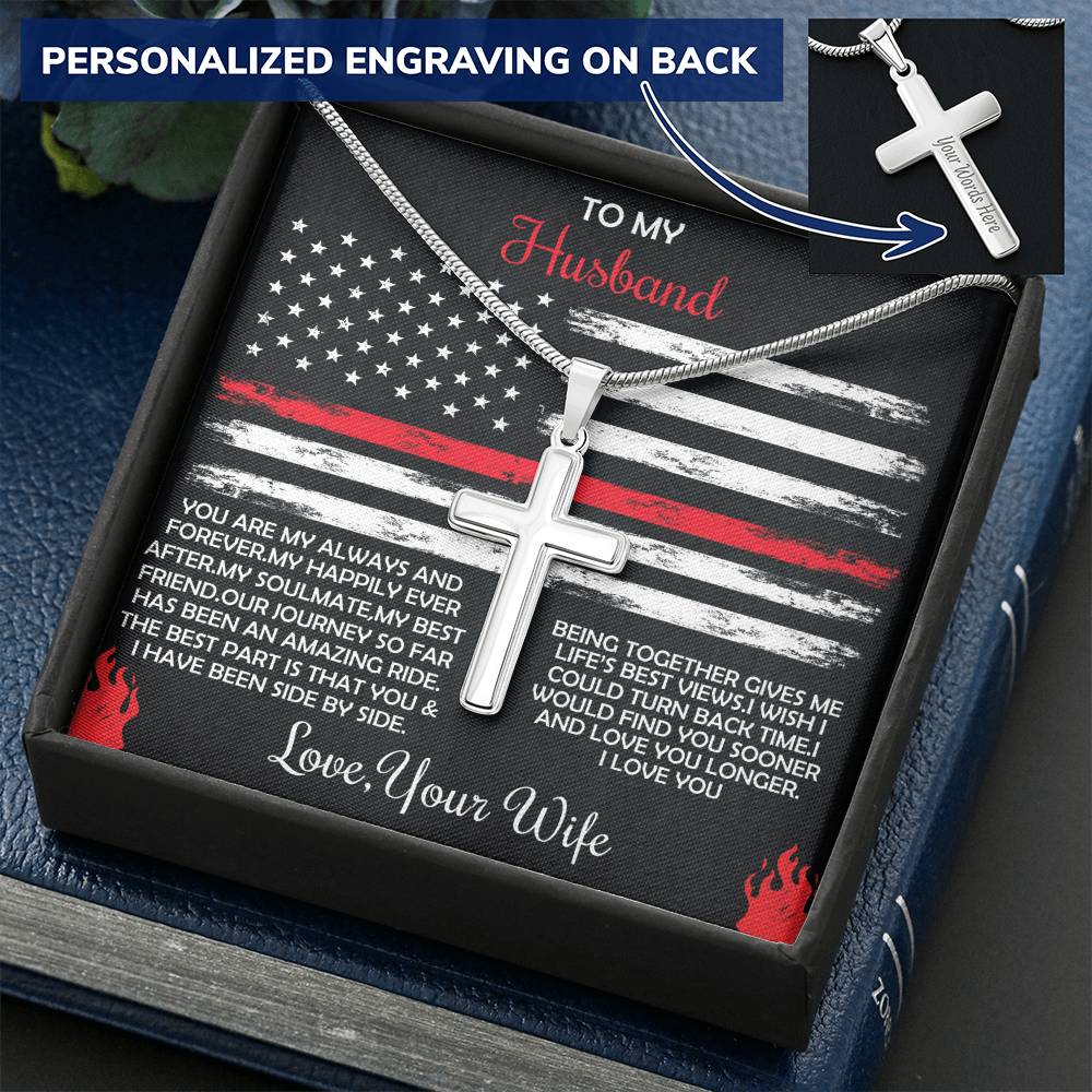 Firefighter Cross Necklace From Wife - Firefighter Birthday Gift Customize Engraved Cross Necklace