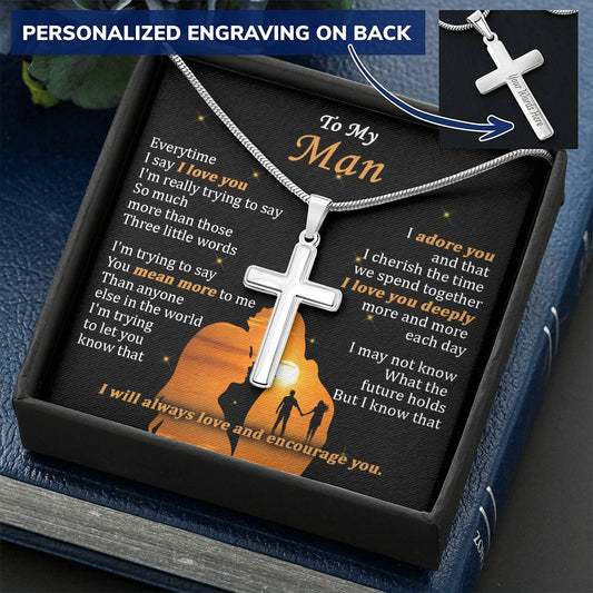 For Your Man - Love You Deeply - Cross Customize Engraved Cross Necklace