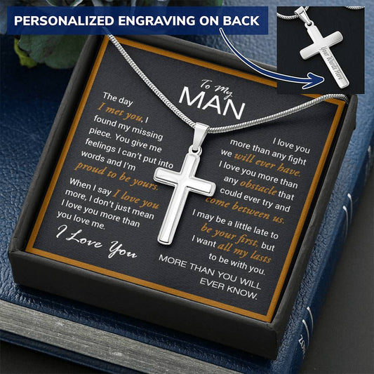 For Your Man - I Love You More - Cross Customize Engraved Cross Necklace