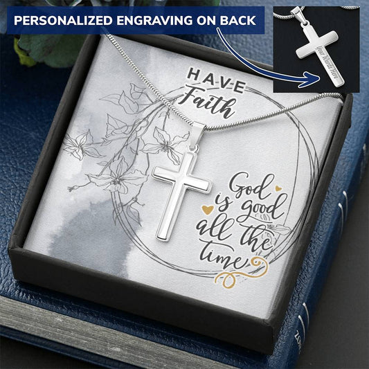 Dad To Son Gifts Cross Necklace Chain Bible Verse - God Is Good All The Time Customize Engraved Cross Necklace