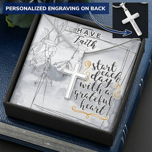 Dad To Son Gifts - Start Each Day With A Grateful Heart Customize Engraved Cross Necklace