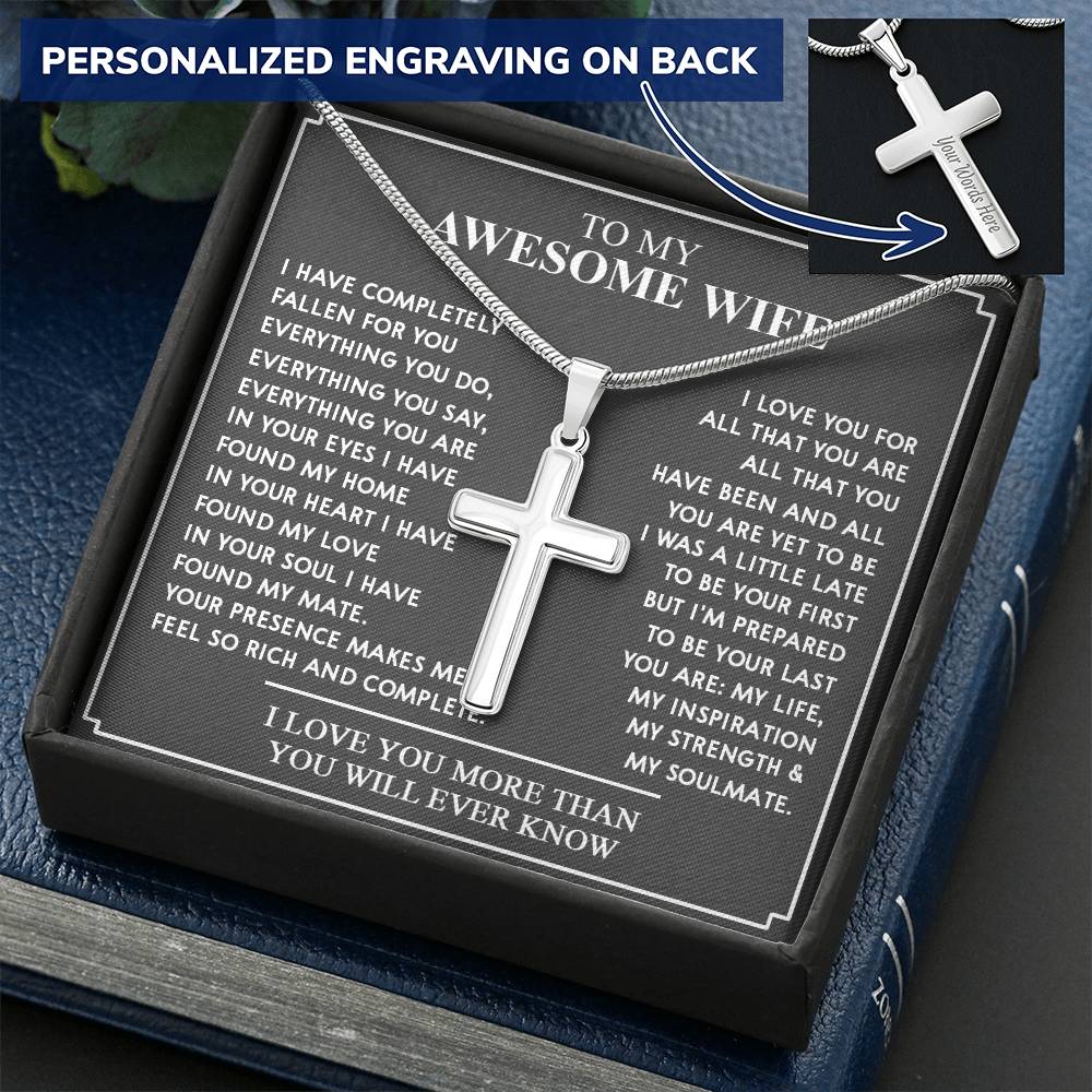To My Awesome Wife Cross Necklace Customize Engraved Cross Necklace