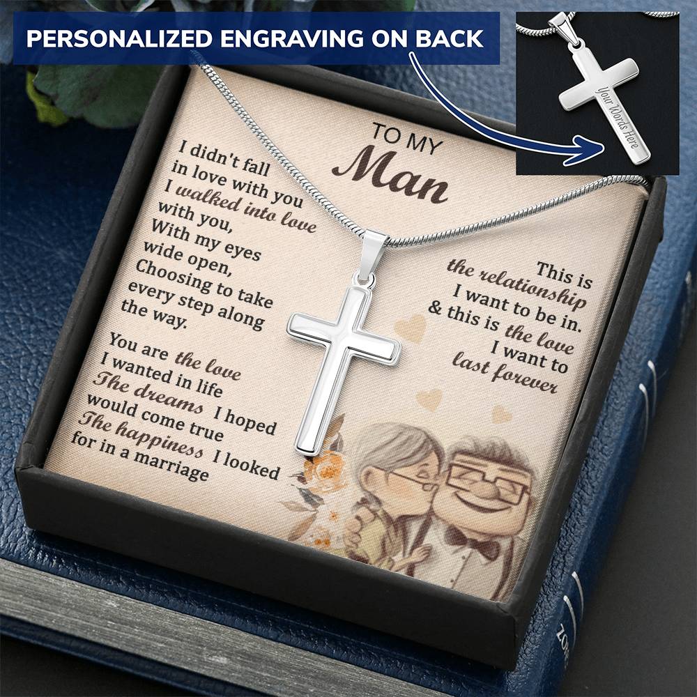 For Your Man - Walk Into Love - Cross Customize Engraved Cross Necklace