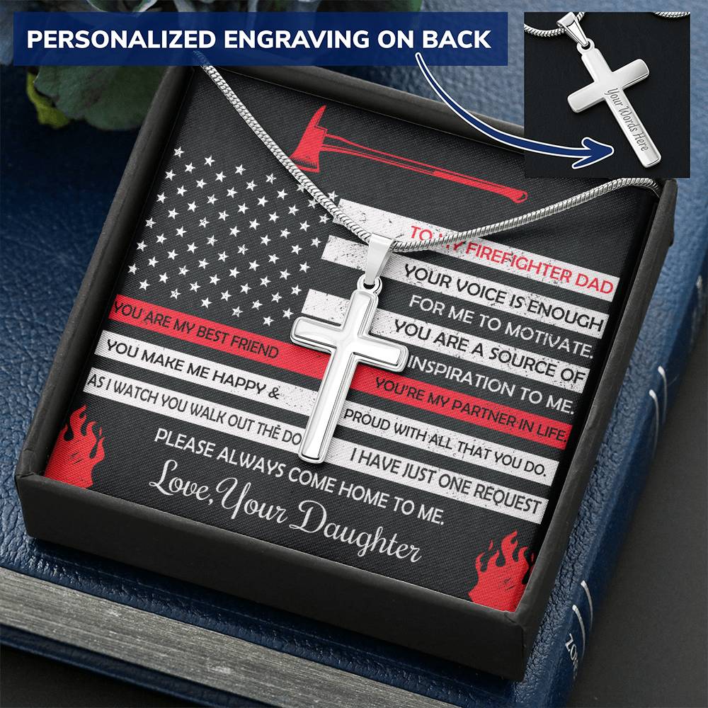 Firefighter Dad Gift- Father's Day Gift For Firefighter- Firefighter Dad Cross Necklace Customize Engraved Cross Necklace