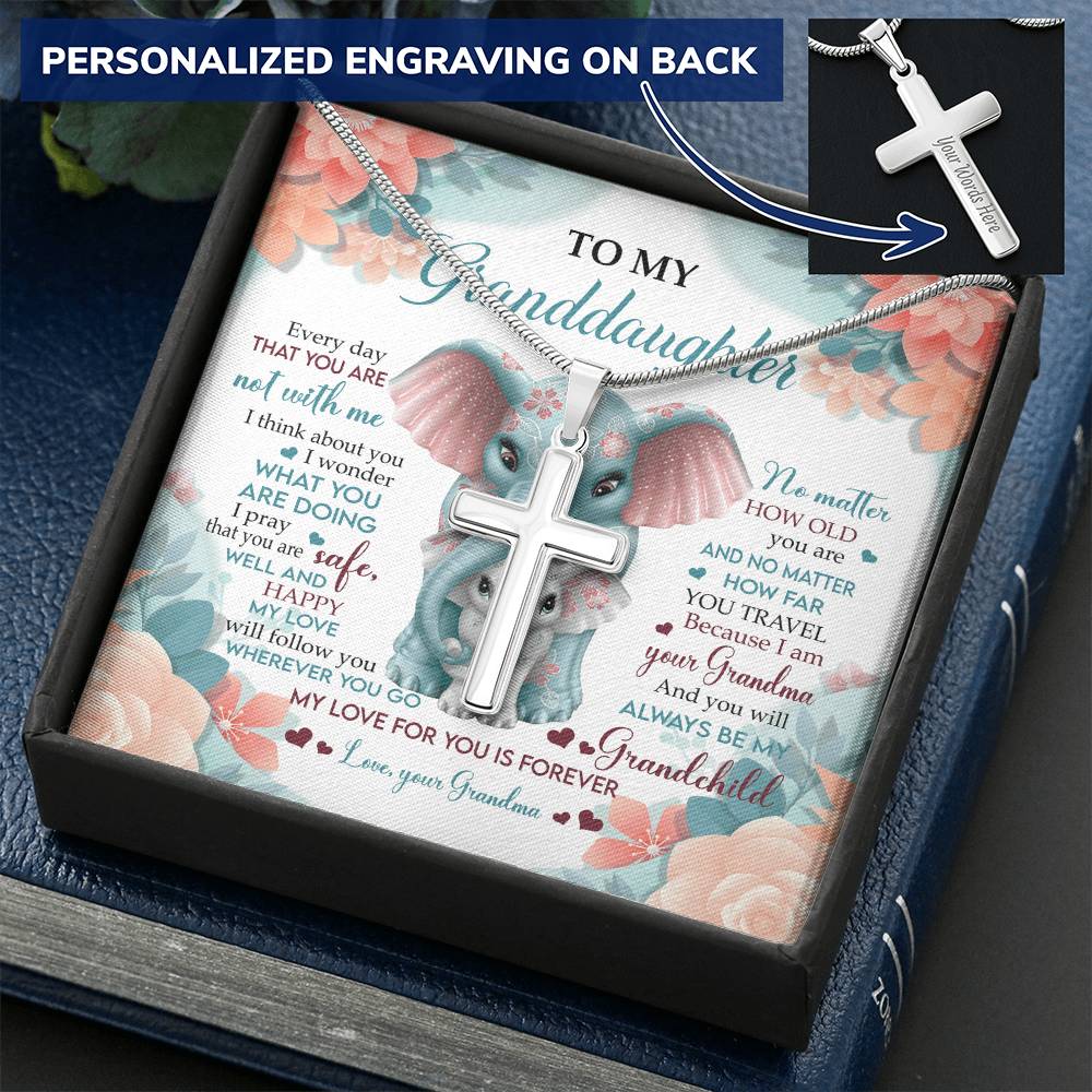 To My Granddaughter Cross Necklace - Elephant Lovers Customize Engraved Cross Necklace