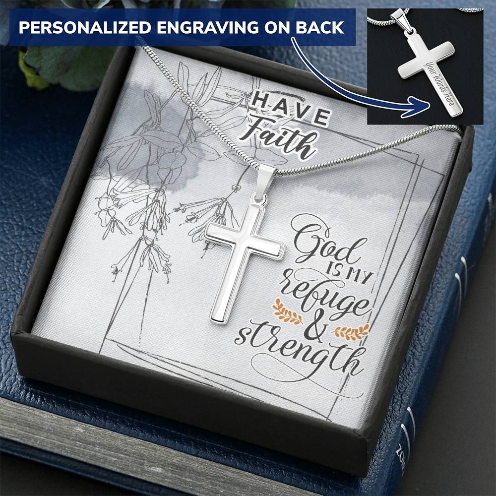 Dad To Son Gifts Cross Necklace Chain Bible Verse - God Is My Refuge & Strength Customize Engraved Cross Necklace