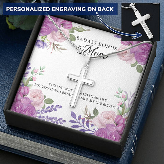 Badass Bonus Mom Necklace Customize Engraved Cross Necklace