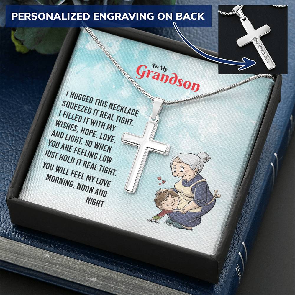 To My Grandson - You Will Feel My Love Cross Necklace Customize Engraved Cross Necklace