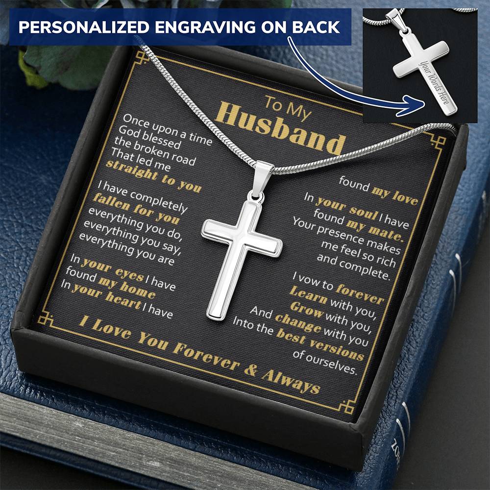 For Husband - Learn With You - Cross Customize Engraved Cross Necklace
