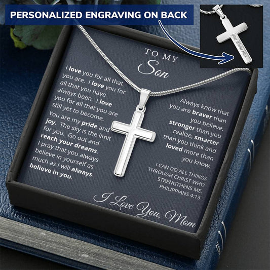 Graduation Gift For Son From Mom - Cross Necklace - Customize Engraving Customize Engraved Cross Necklace