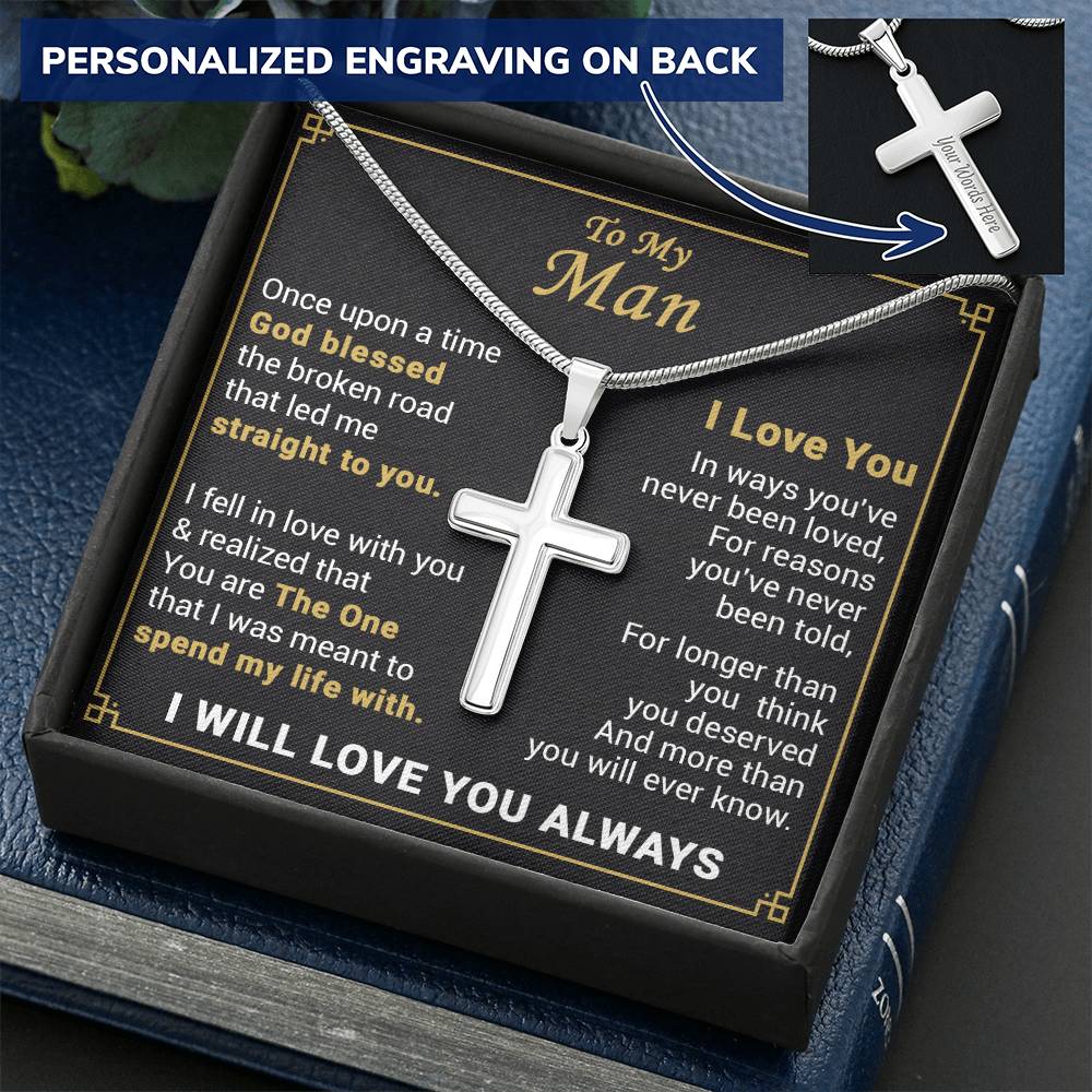 For Your Man - Longer Than You Think - Cross Customize Engraved Cross Necklace