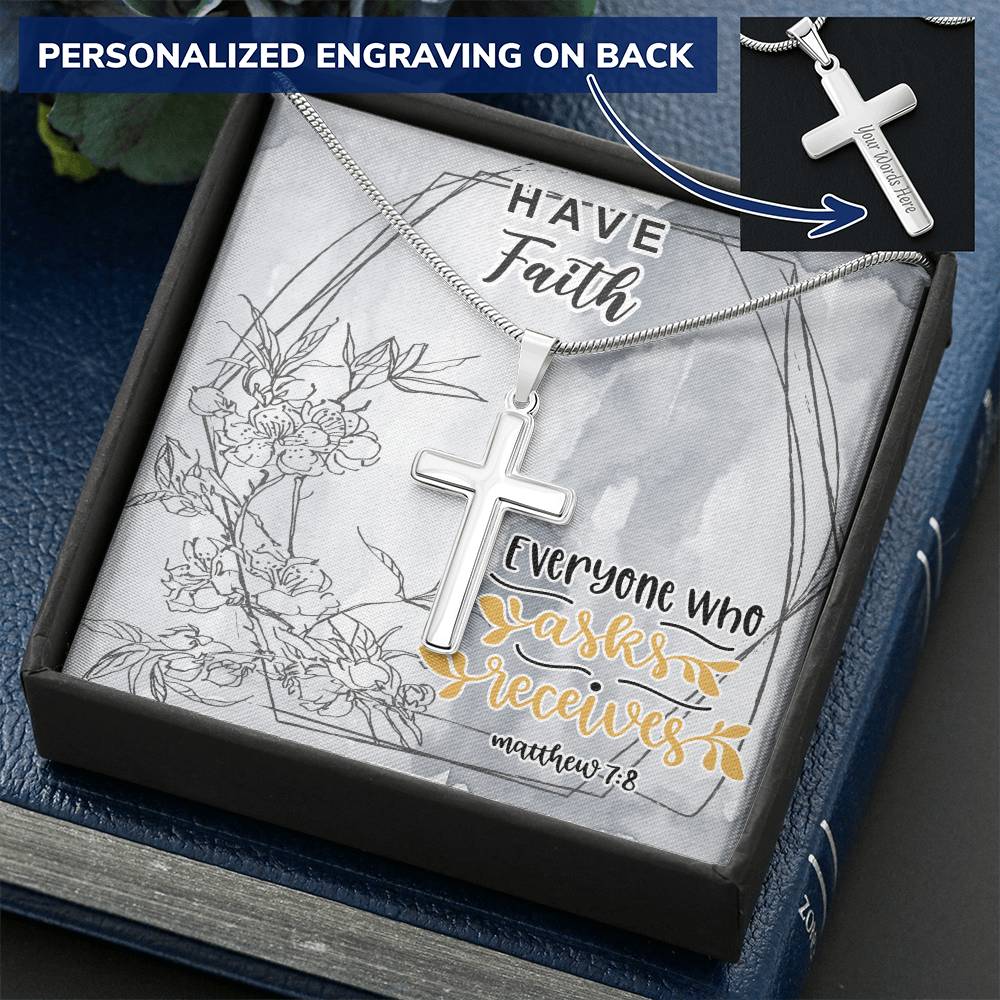 Dad To Son Gifts Cross Necklace Chain Bible Verse - Everyone Who Asks Receives Customize Engraved Cross Necklace