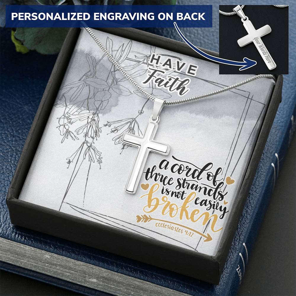 Dad To Son Gifts - A Cord Of Three Strands Is Not Easily Broken Customize Engraved Cross Necklace
