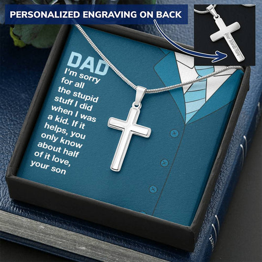 Dad Customize Cross Necklace With Message Card Gift For Father's Day. Customize Engraved Cross Necklace