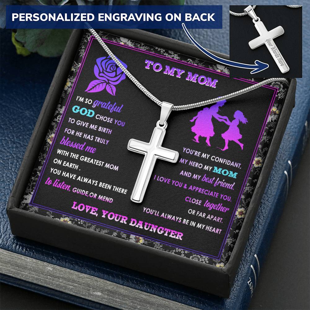 For Mom - So Grateful God Chose You - Cross Customize Engraved Cross Necklace