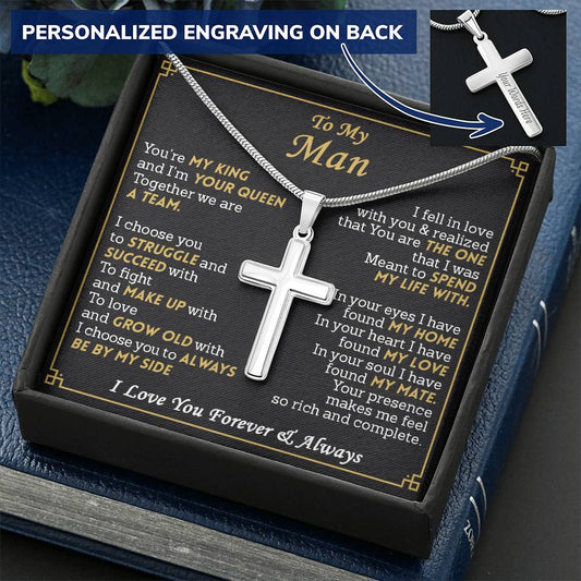 For Your Man - King And Queen - Cross Customize Engraved Cross Necklace