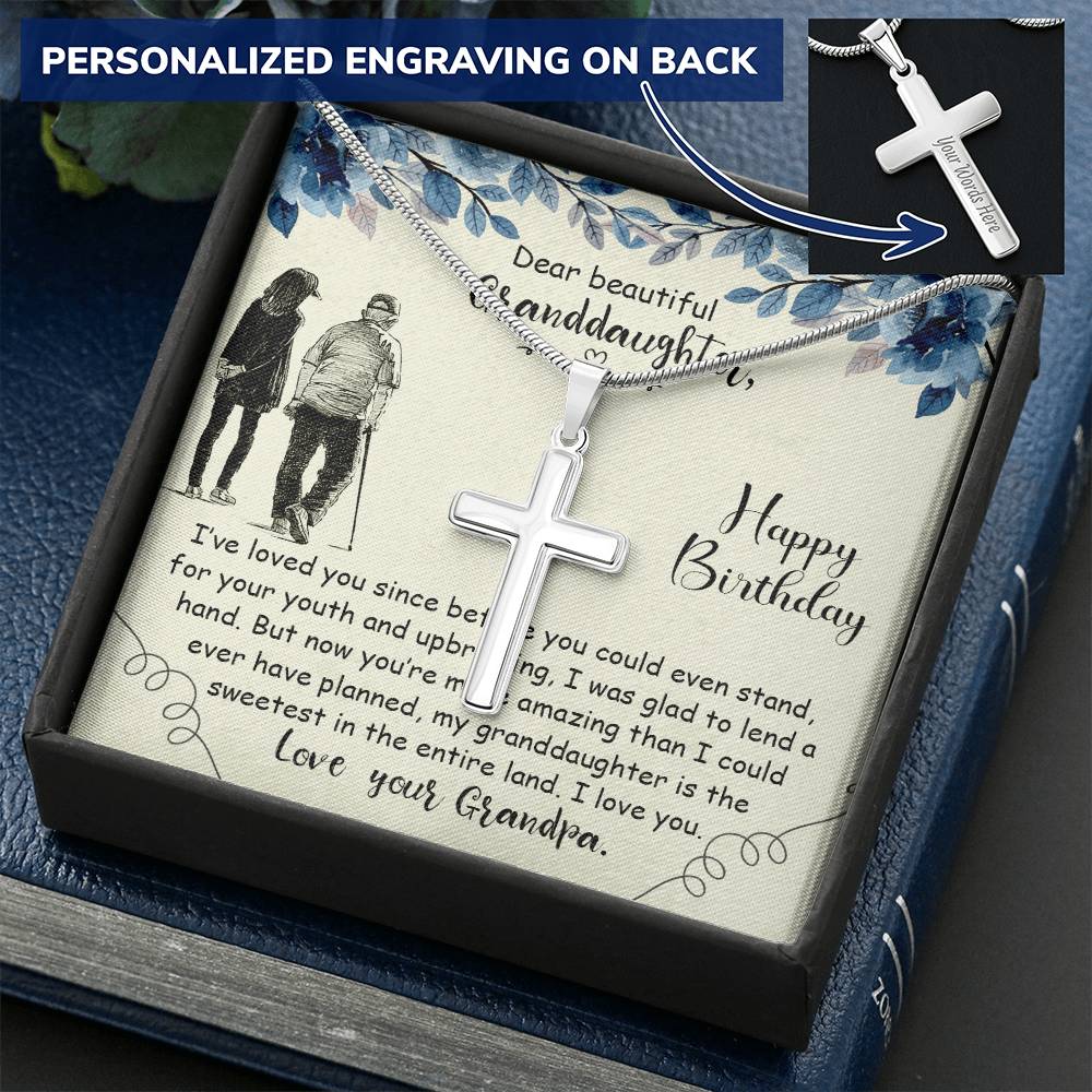 Dear Beautiful Granddaughter Happy Birthday Love Your Grandpa Customize Engraved Cross Necklace