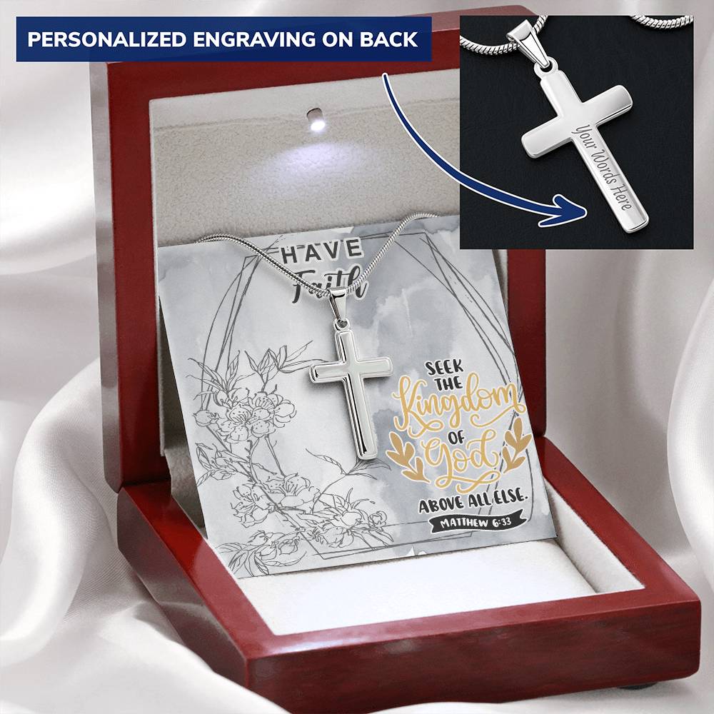 Dad To Son Gifts - Seek The Kingdom Of God Above All Else Customize Engraved Cross Necklace