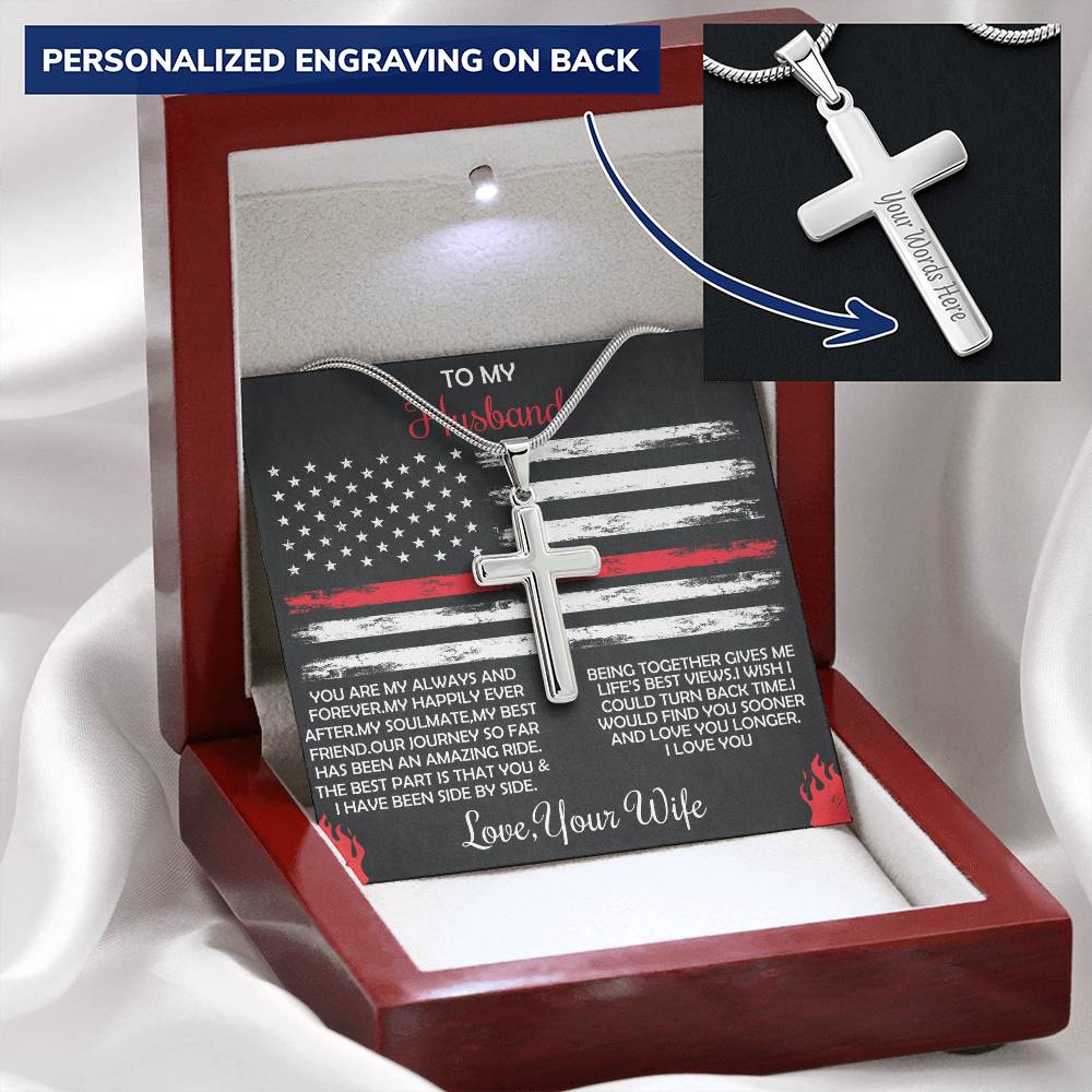 Firefighter Cross Necklace From Wife - Firefighter Birthday Gift Customize Engraved Cross Necklace