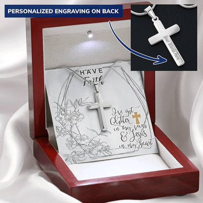 Dad To Son Gifts Cross Necklace Chain Bible Verse - I've Got Glitter In My Veins & Jesus In My Heart Customize Engraved Cross Necklace