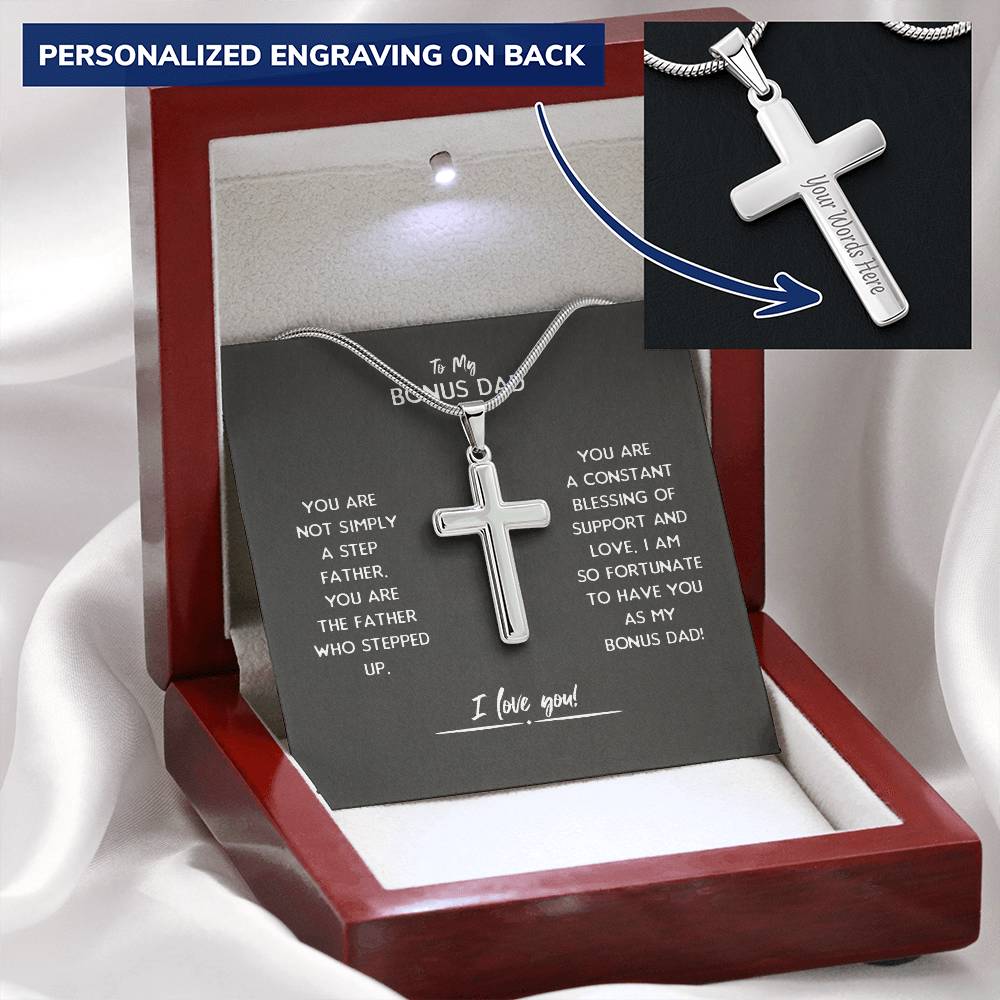 Bonus Dad Cross Necklace Gift For Stepdad Customize Engraved Cross Necklace