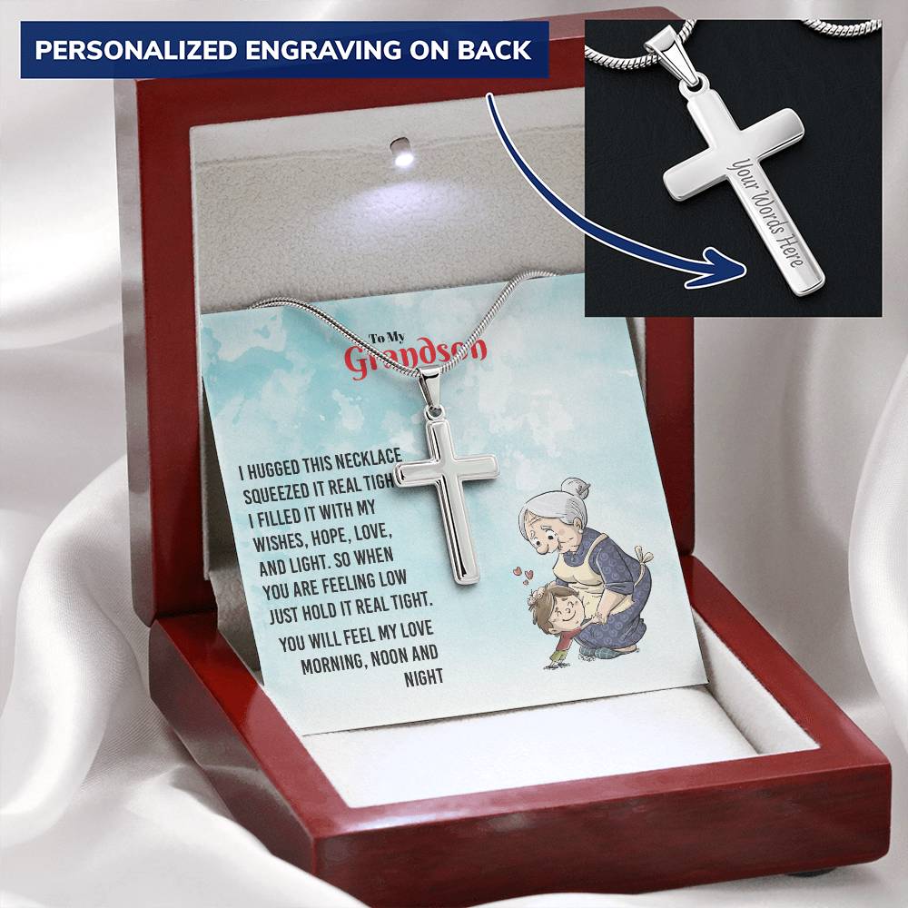 To My Grandson - You Will Feel My Love Cross Necklace Customize Engraved Cross Necklace