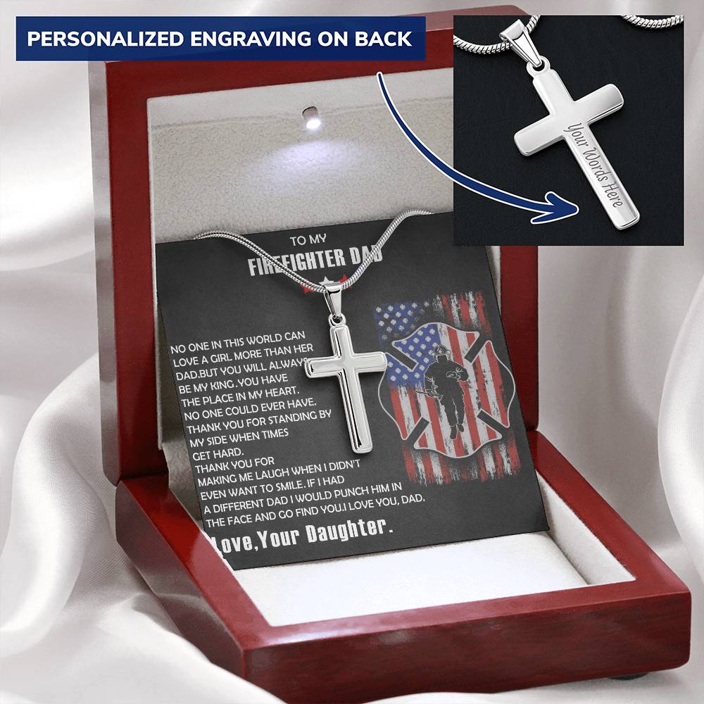 Firefighter Dad Gift-Firefighter Dad Cross Necklace-Father's Day Gift For Firefighter Customize Engraved Cross Necklace