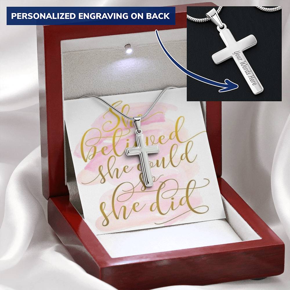 Daughter Gift She Believed She Could So She Did Beautiful Gift Cross Can Be Engraved Lighted Box Customize Engraved Cross Necklace