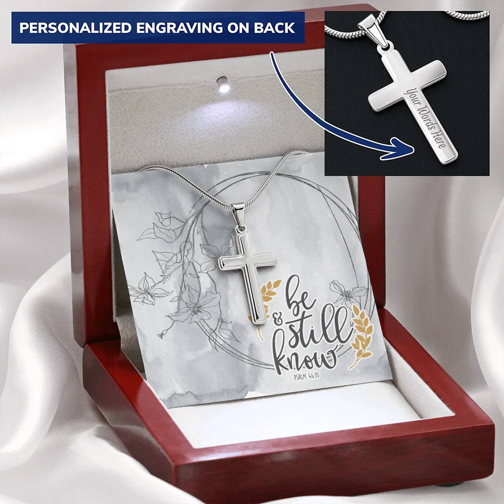 Dad To Son Gifts Cross Necklace Chain Bible Verse - Be Still & Know Customize Engraved Cross Necklace