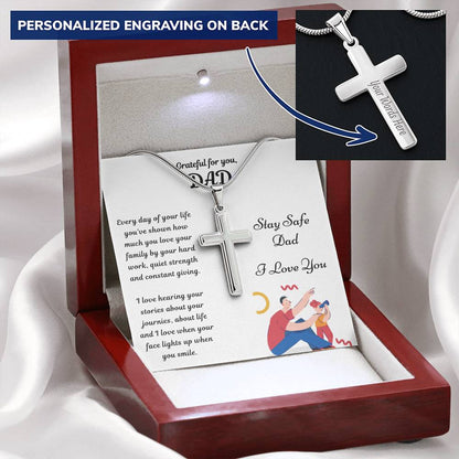 Cross Necklace Gift - Stay Safe Dad Customize Engraved Cross Necklace