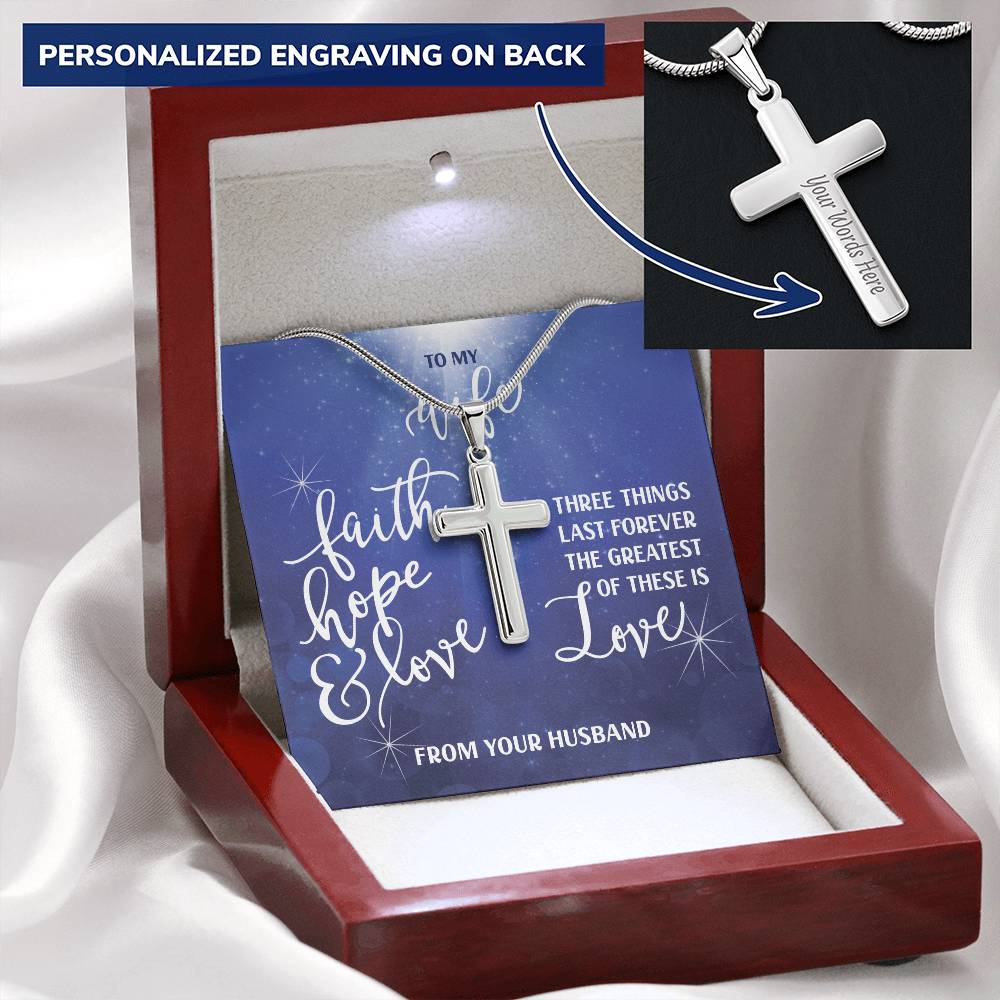 Customizable To My Wife Necklace- Faith Hope And Love Customize Engraved Cross Necklace