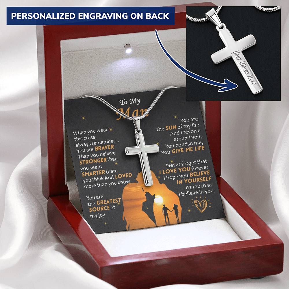 For Your Man - Braver Than You Believe - Cross Customize Engraved Cross Necklace