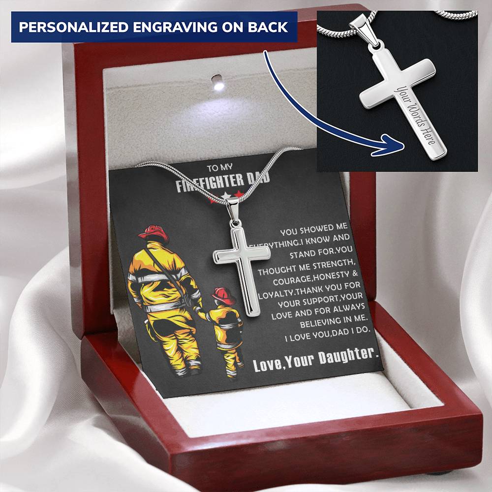 Firefighter Gift- Firefighter Cross Necklace- Father's Day Gift For Firefighter Customize Engraved Cross Necklace