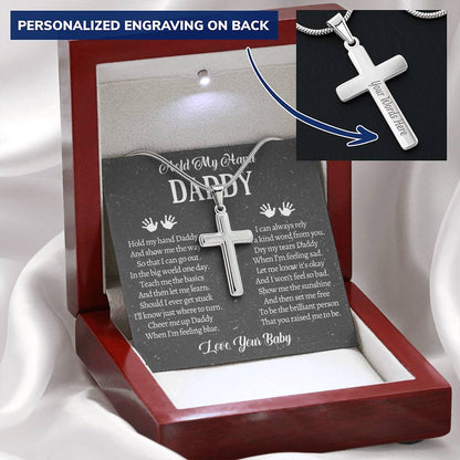 Fathers Day Gift From Baby Customize Father Gift From Baby Hold My Hand Daddy Gift Customize Engraved Cross Necklace