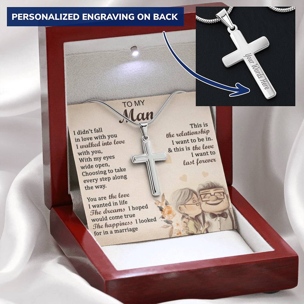 For Your Man - Walk Into Love - Cross Customize Engraved Cross Necklace