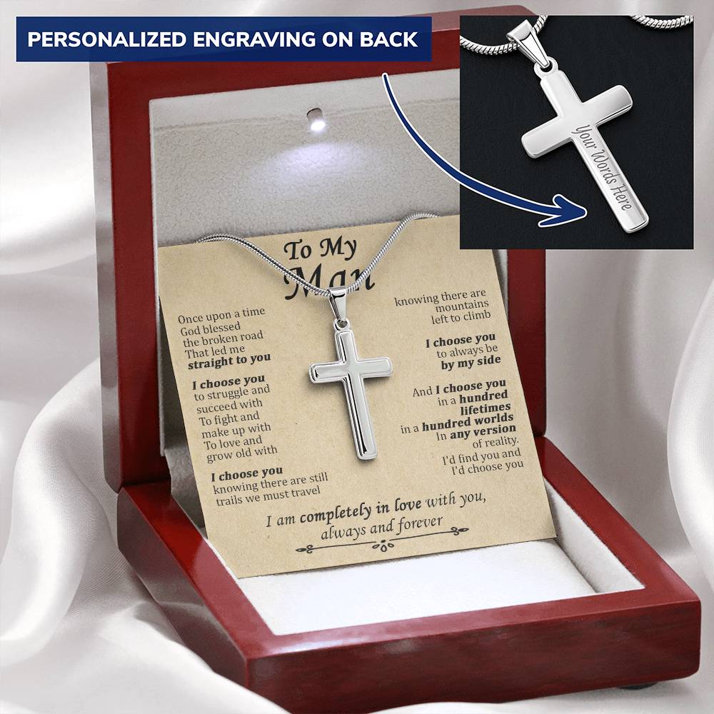 For Your Man - Any Version Of Reality - Cross Customize Engraved Cross Necklace