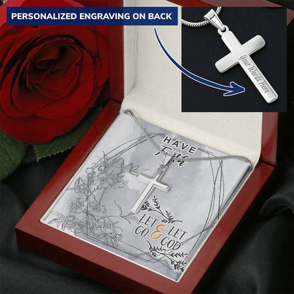 Dad To Son Gifts Cross Necklace Chain Bible Verse - Let Go & Let God Customize Engraved Cross Necklace