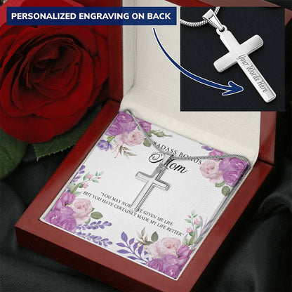 Badass Bonus Mom Necklace Customize Engraved Cross Necklace
