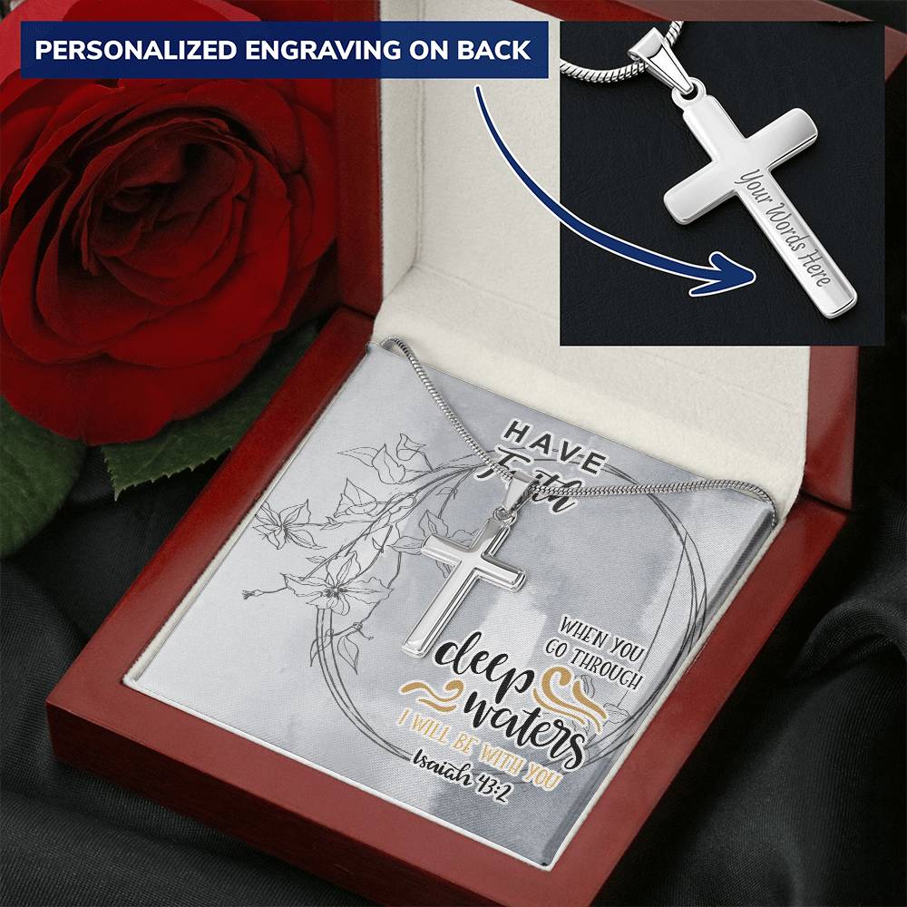 Dad To Son Gifts - When You Go Through Deep Waters I Will Be With You Customize Engraved Cross Necklace