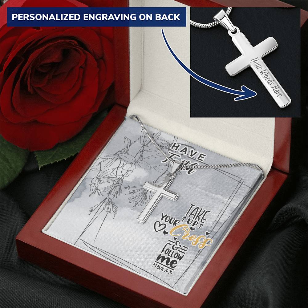 Dad To Son Gifts - Take Up Your Cross & Follow Me Customize Engraved Cross Necklace