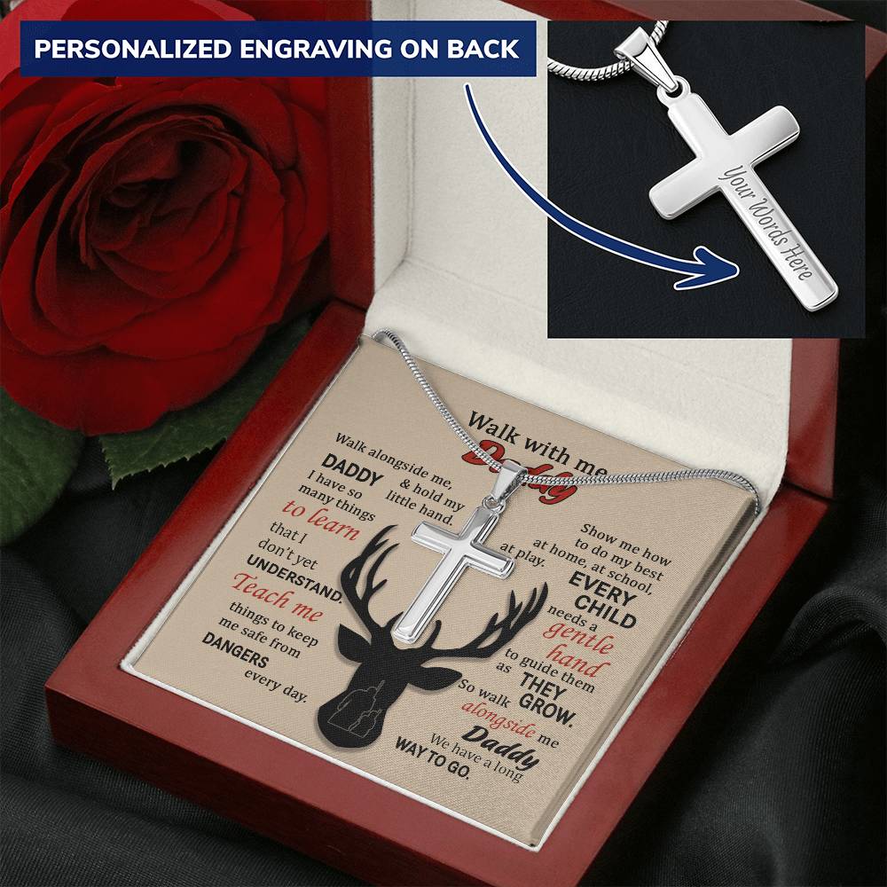 For Dad - Walk With Me - Cross Customize Engraved Cross Necklace