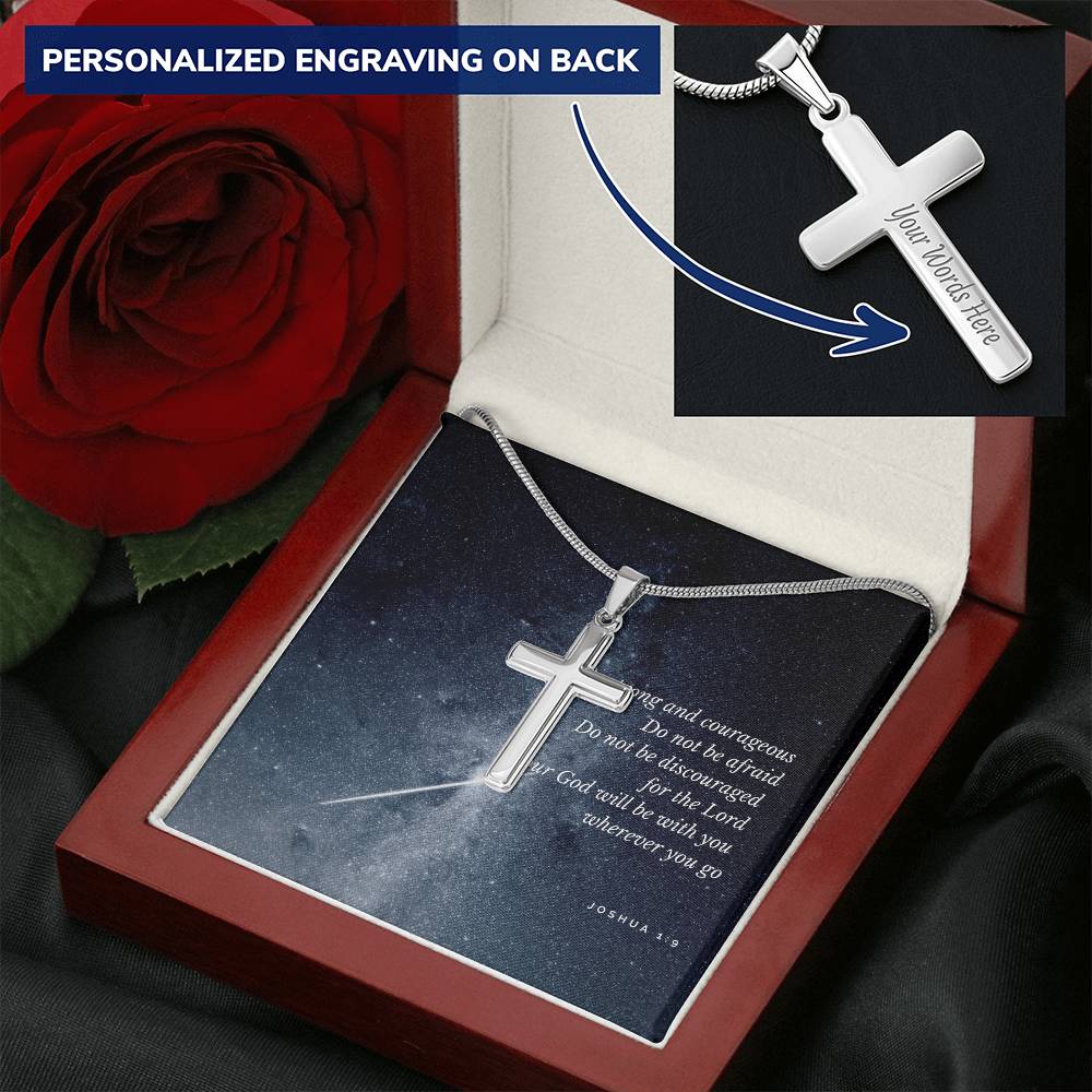Be Strong And Courageous Blue Card Customize Engraved Cross Necklace