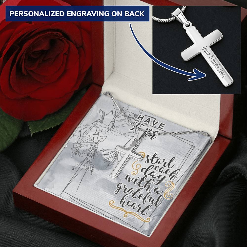 Dad To Son Gifts - Start Each Day With A Grateful Heart Customize Engraved Cross Necklace