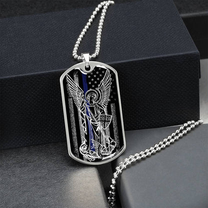 Police Officer Thin Blue Line With Archangel Michael Dogtag - Army Tag Necklace, Dog Tag Necklace